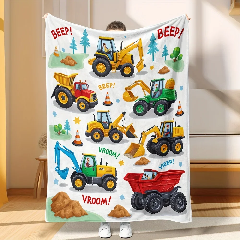 Boys Construction Vehicle Blanket Throw Cartoon Bulldozer Excavator Dump Truck 150x200cm Nursery Playroom Kids Gift Mat