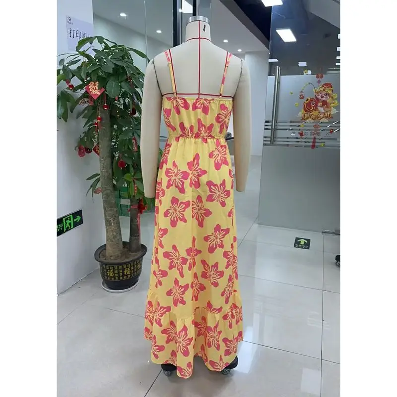 ผู้หญิงฤดูร้อนความงามดอกไม้พิมพ์แขนกุดปรับสายบางสแควร์คอBackless A-Line Slip Camiชุดยาว