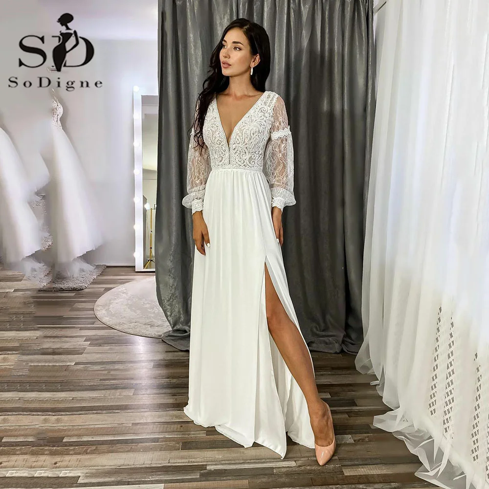 

SoDigne Beach V Neck Wedding Dresses Long Sleeves Women Sexy Side Split Floor Length Chiffon Lace Bride Dress trouwjurk