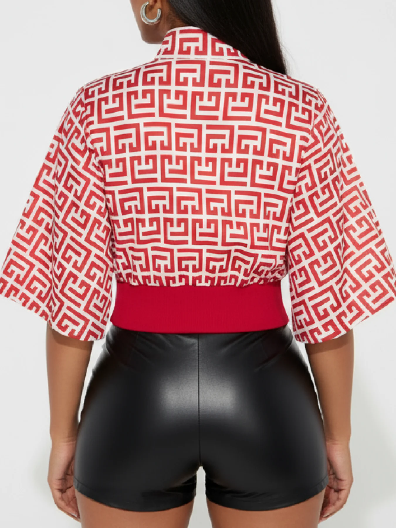 Schicke, kurze Damenjacke mit Reißverschluss, geometrischem Muster, für Herbst und Freizeit, kurze Ärmel, Stehkragen, Y2K-Oberteil – Detail 7
