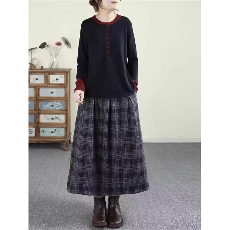 Retro Color Woven Skirt For Women 2024 Autumn And Winter Warm Woolen Medium Long A-Line Plaid Skirt Casual Large Size Falda A437