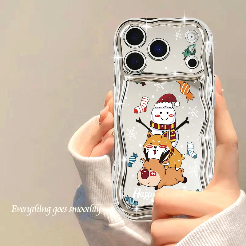 Christmas Elk Pattern Electroplating Silver Case For iPhone 17 16 15 14 13 Pro Max 16e Air 12 11 Plating Mirror Soft Phone Cover