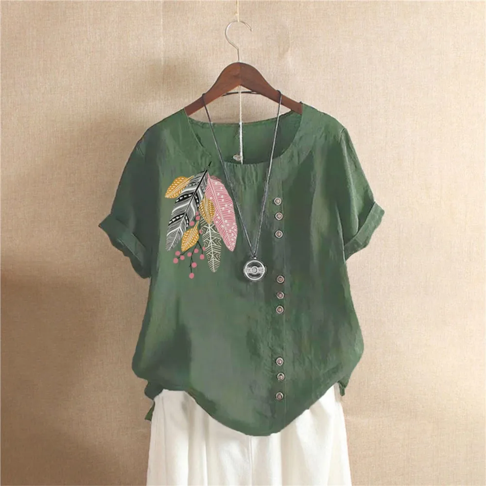 

Female Feather Print Shirts Tops 2025 Summer Retro Casual Loose Cotton And Linen Short Sleeved Pullover T-shirt For Women Blusas