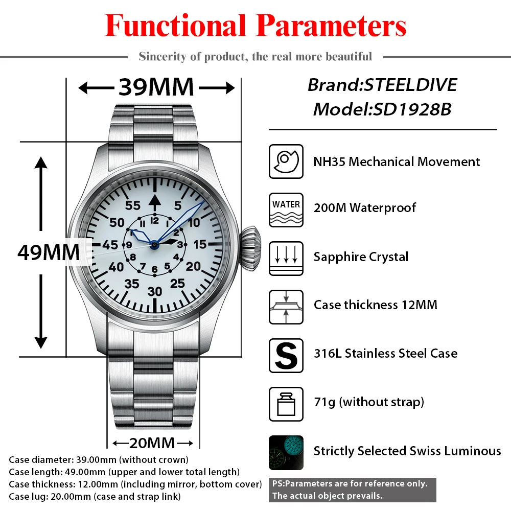 STEELDIVE NEW Luxury Mechanical Watch SD1928B Sapphire Mirror Big Crown Swiss Luminous 316L Stainless Steel Dive NH35 Wristwatch