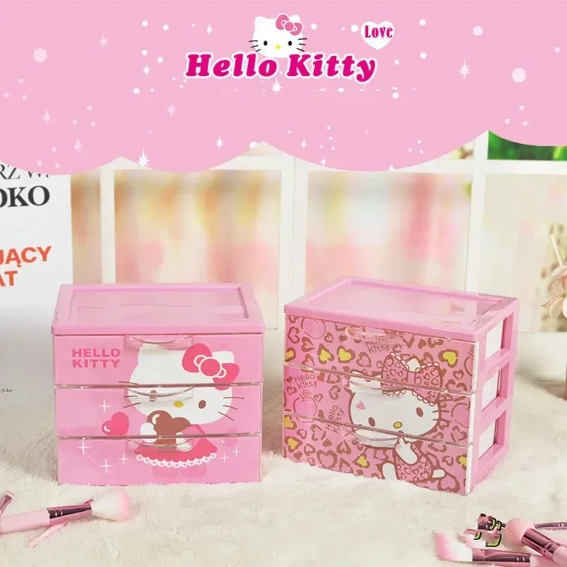 Sanrio Kawaii Hello Kitty Three-layer Storage Box My Melody Cinnamoroll Anime Cartoon Drawer-type Desktop Cosmetics Jewelry Box