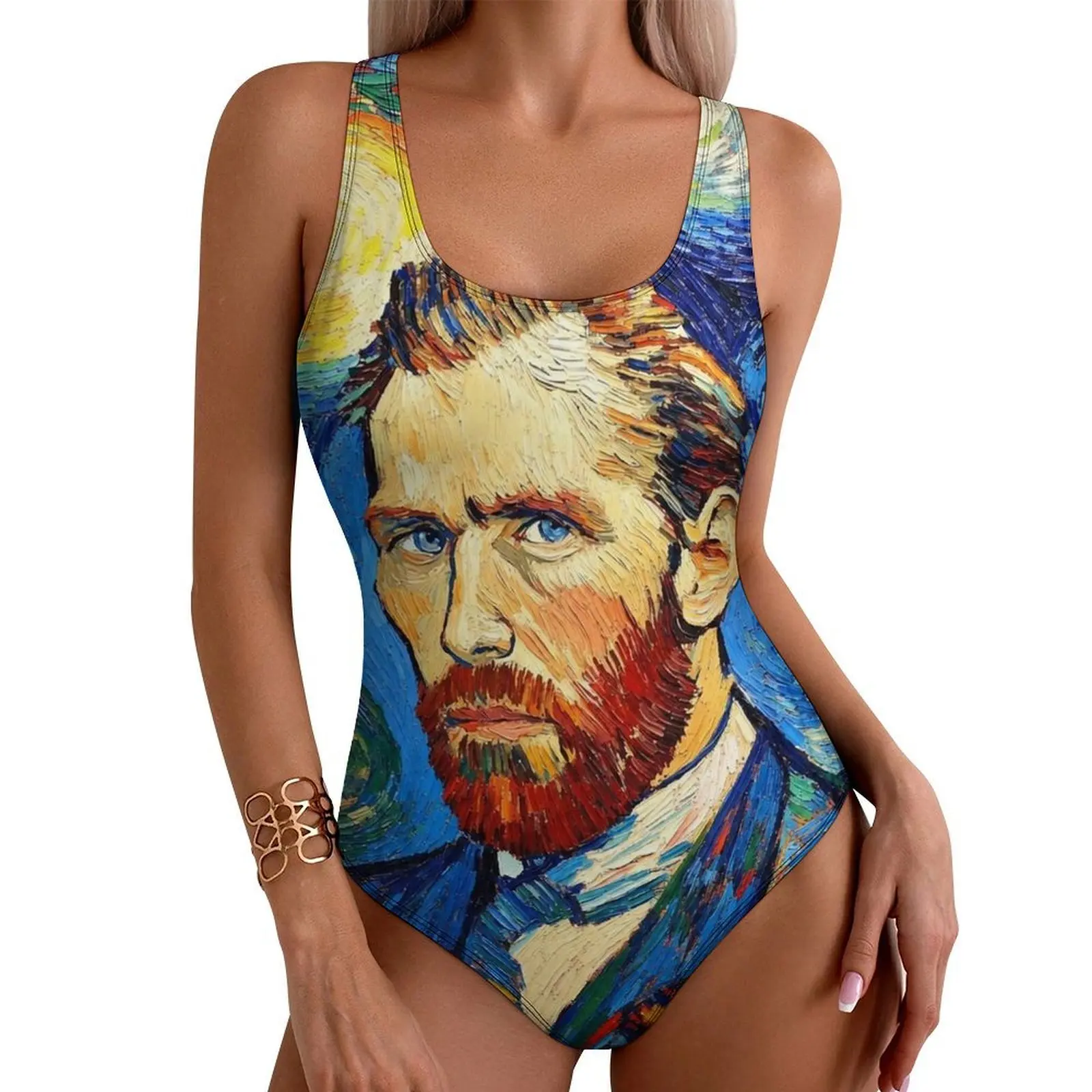 Van Gogh Self Portrait Starry Backdrop Swimsuit Sexy Lady Swimwear One Piece Stylish Bodysuit Sport Push Up Sleeveless Beachwear