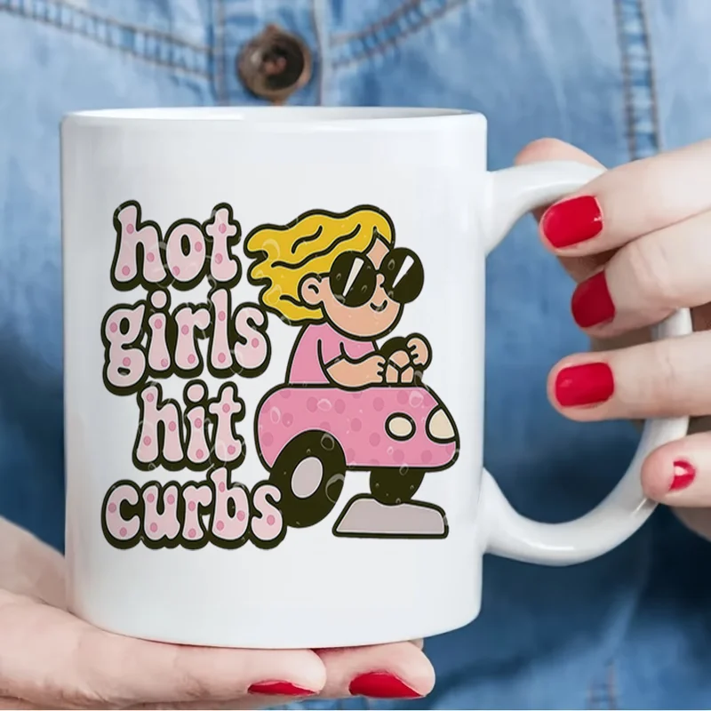Hot Girls Hit Curbs Cartoon Print Ceramic Coffee Mug, 11oz 350ml Colorful Print Mug, Personalized Custom Mug, Microwave Safe Cut