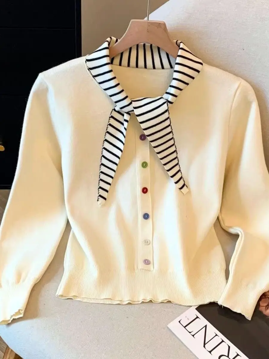 

Slim Fit Striped Color Blo Long Sve Knitted Sweater Women's Faionable Belted Inner Top Spring 2026 New Arrival