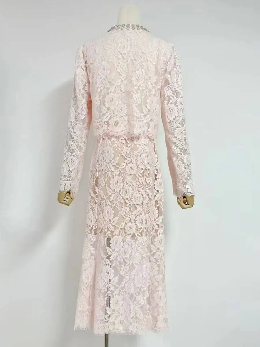 LEOSOXS mode femmes solide évider deux pièces ensemble col rond à manches longues haut taille haute jupe élégant Chic ensembles femme nouveau