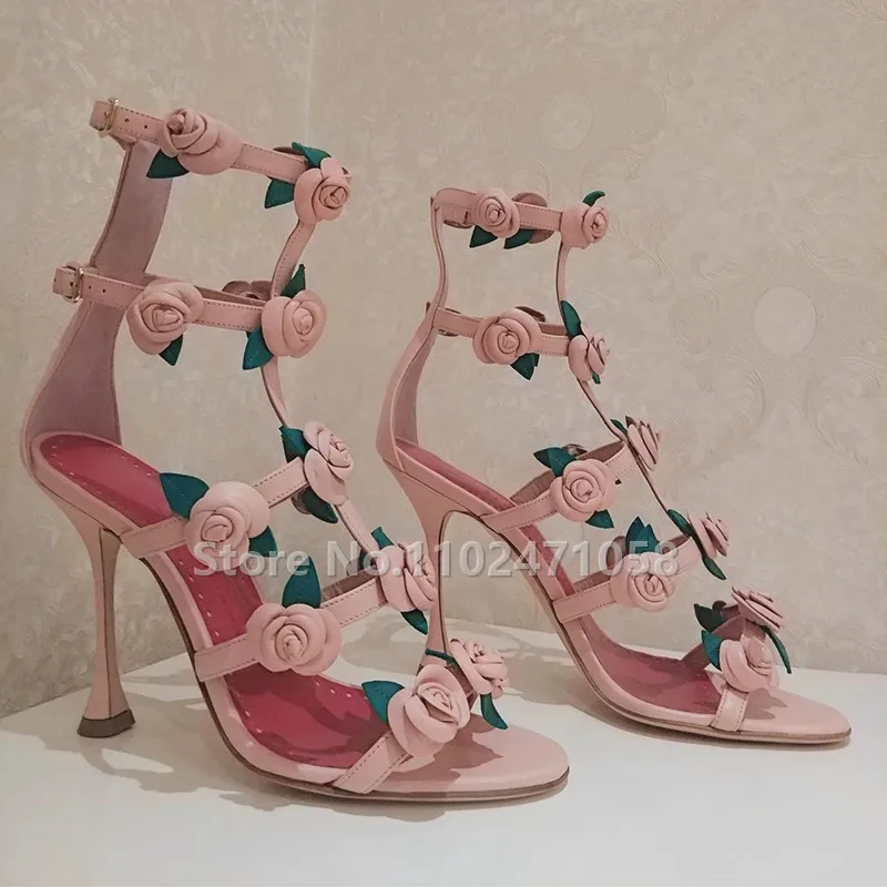 

Romantic Rose Narrow Band Womwn Sandals Flowers and Leafs Decoration Retro Roman Hight Heels Ladies Party Dress Shoes Pumps