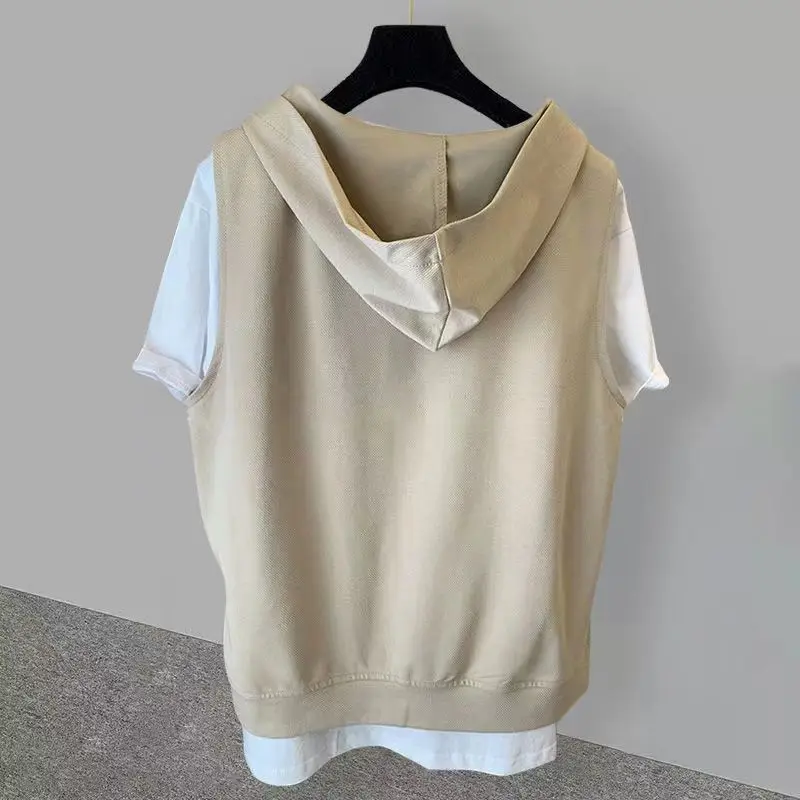 Fake two-piece hooded embroidered short-sleeved T-shirt for men in summer, ins trend, versatile student loose clothes y2k tops