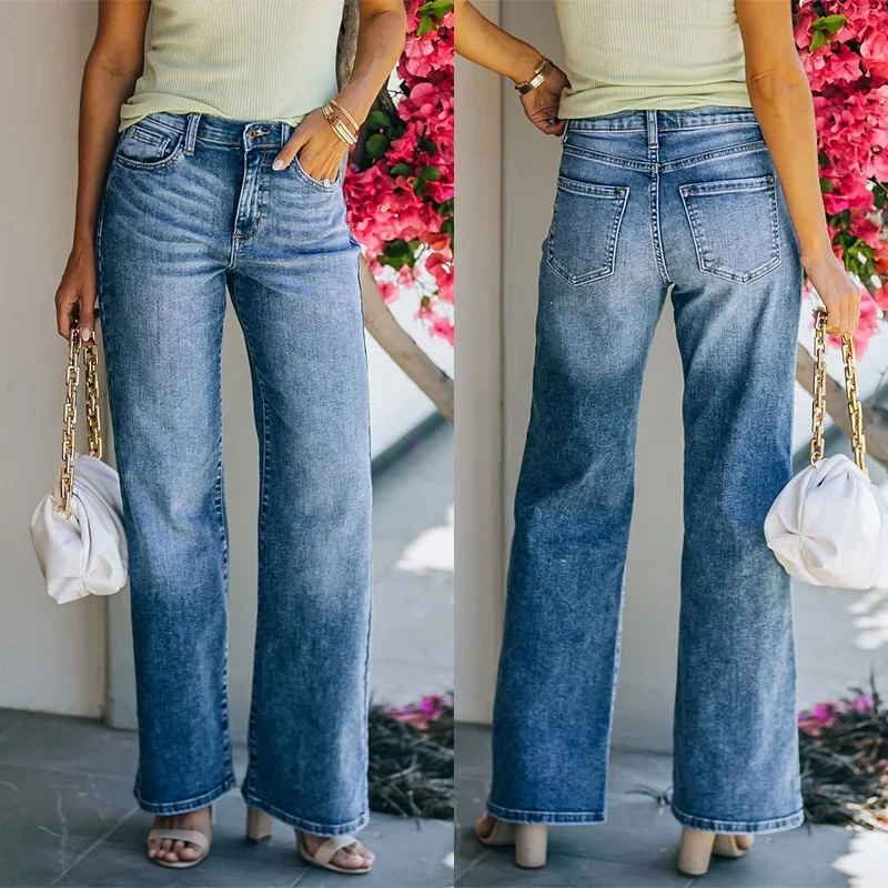 

Women Jeans Denim Wide Leg Pants Washing Loose Fit High Waist Pockets Solid Color Ankle Length Pants Zipper Fly Basics