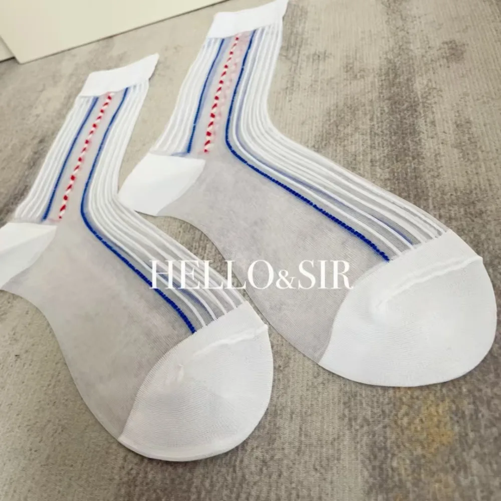 白のビジネスソックス男性のセクシーなファッション透明 TNT ソックス超薄型薄手のストッキング男ストライプフォーマルドレスミッドチューブソックス