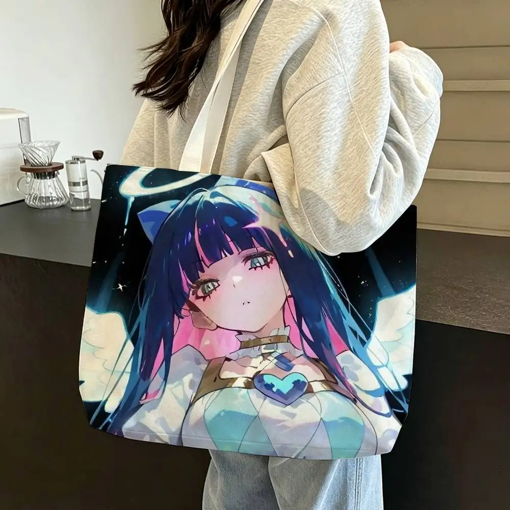 Cute S-Stocking Anime Large Capacity Cotton Polyester Shoulder Tote Bag Zipper Handbag for Shopping Daily