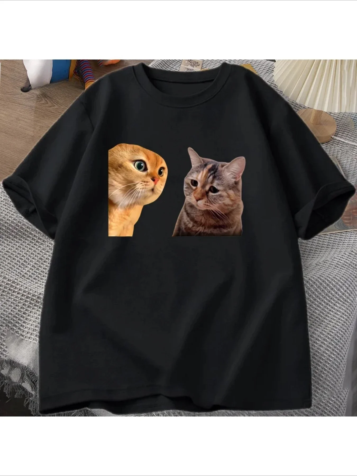 남성용 재미있는 두 마리 말하는 고양이 밈 티셔츠 오렌지 & 태비 얼굴이 있는 면 티셔츠 매일 착용하기 좋은 부드럽고 통기성이 좋은 셔츠