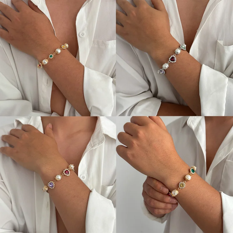 Unisex Maximalist Pearl Gemstone Bracelet Colorful Stone Floral Motif Gold Plated Pave Setting Vintage Ornate Luxury Bracelet
