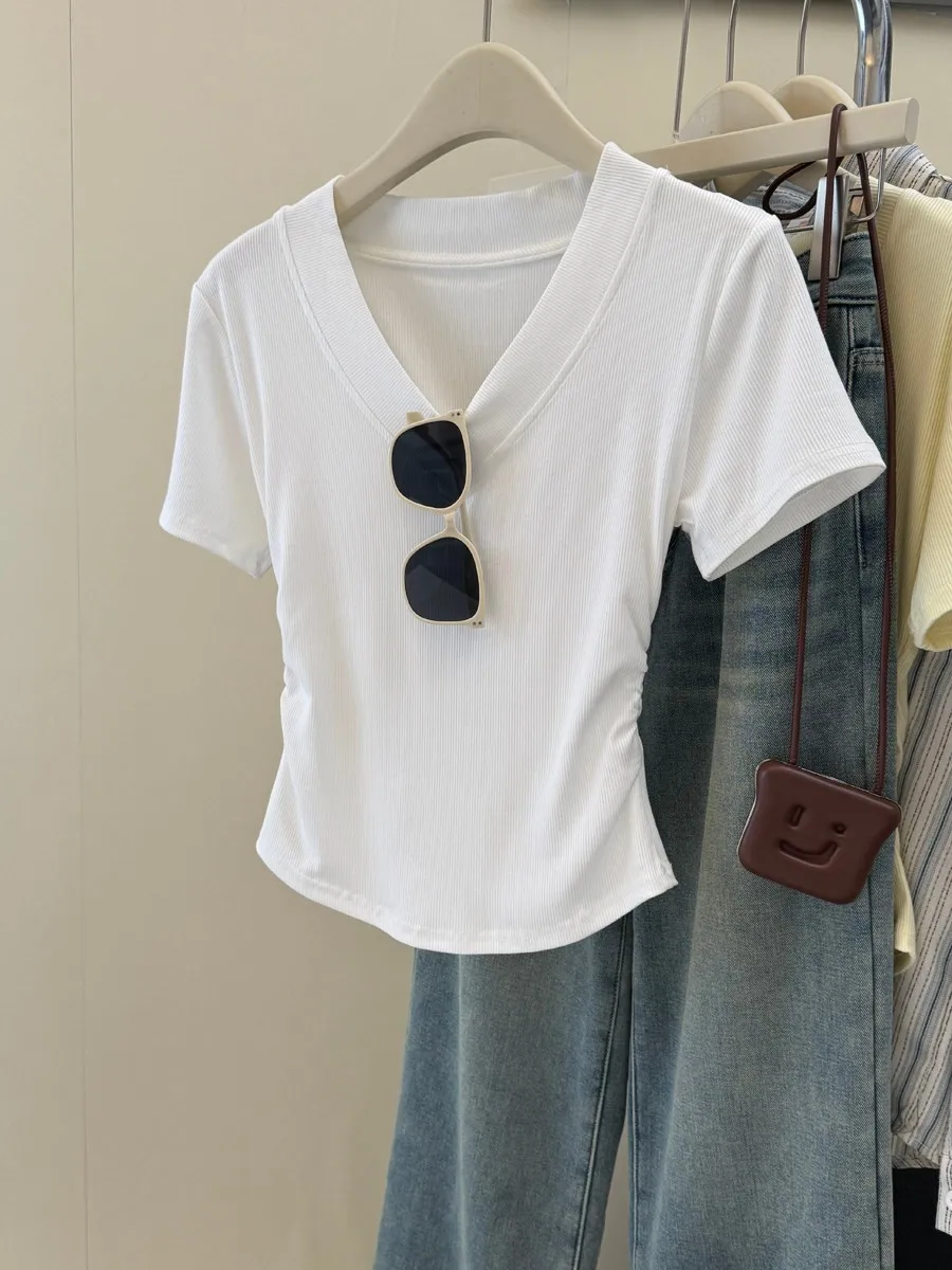 Chic Sweet Spicy Short Sleeve T-Shirt Women's Summer Slim Fit Korean Style Short Base Shirt V-neck Top Trendy Gathered Waist