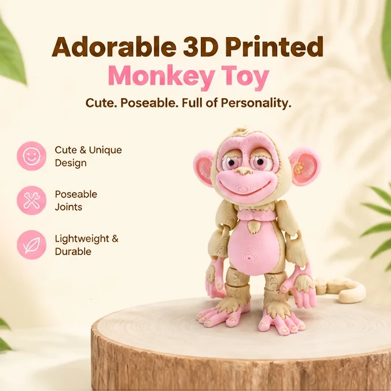 Cute Multi-Color 3D Printed Pink Monkey, Palm Size Mini Articulated Figure, Full Body Movable Doll Sculpture