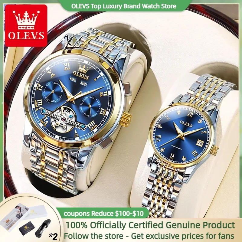 OLEVS-reloj mecánico de acero inoxidable para hombre y mujer, cronógrafo Original, automático, luminoso, resistente al agua, para pareja