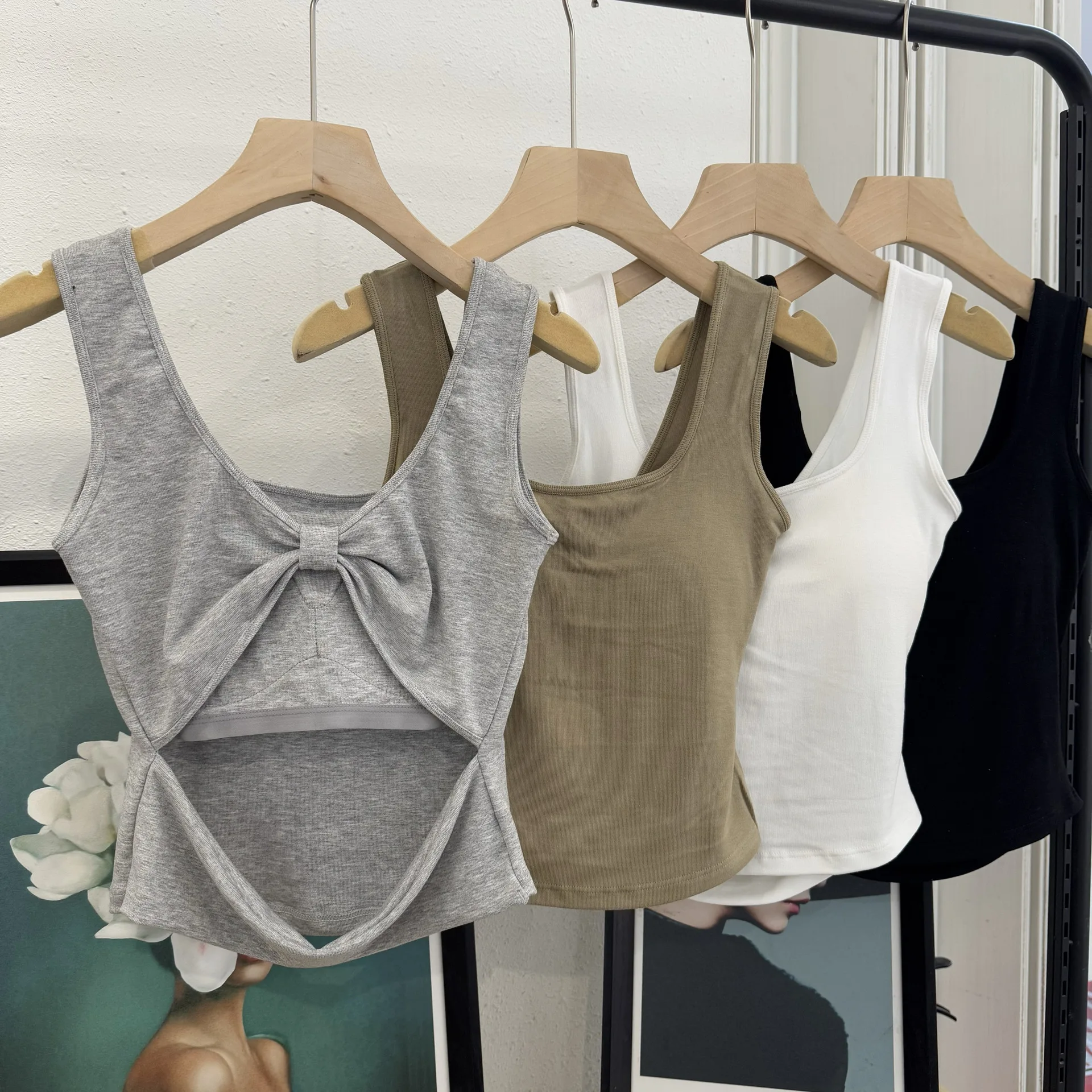 Woman Vest Spring Summer Spicy Girl Square-neck Tank Top Butterfly Bow Hollow-out Back Padded Camisole Cute Lovely Ladies' Vest