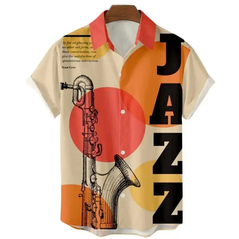 Musical Instrument 3D Print Hawaiian Shirt Men\'s Retro Jazz Pattern Short Sleeved Shirts Casual Oversized Harajuku Lapel Blouse