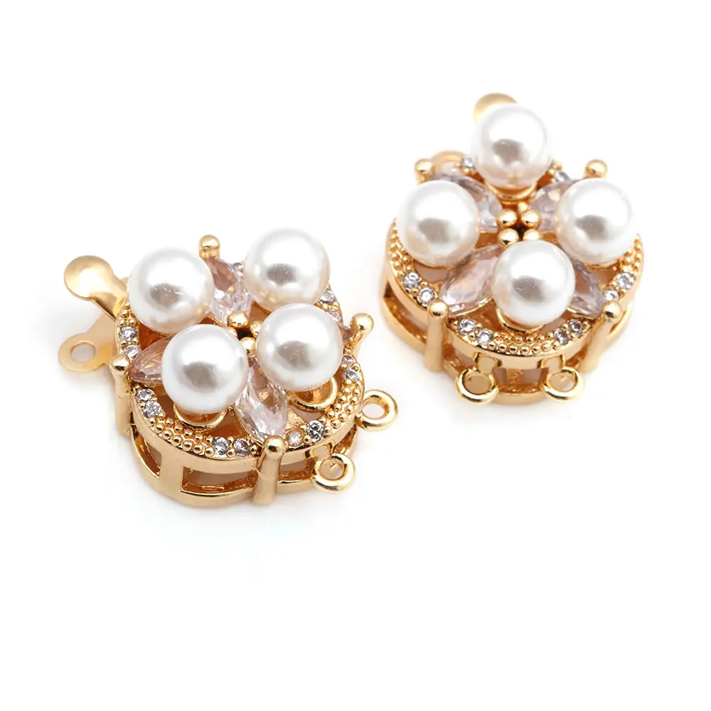 4 Sets 18K Gold Color Brass and Zircon and Plastic Imitation Pearls Flower 2 Line Necklaces Connect Clasps Diy Jewelry Making