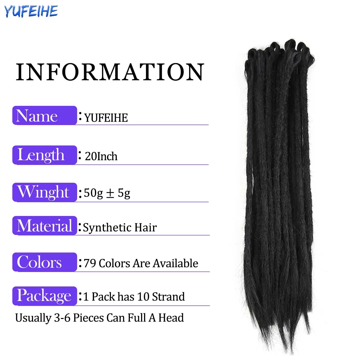 Synthetic 100% Handmade Dreadlocks Extensions Faux Locs Crochet Braid Hair Hip-Hop Style 20 Inch 10 Strands/Pack For Women Blue