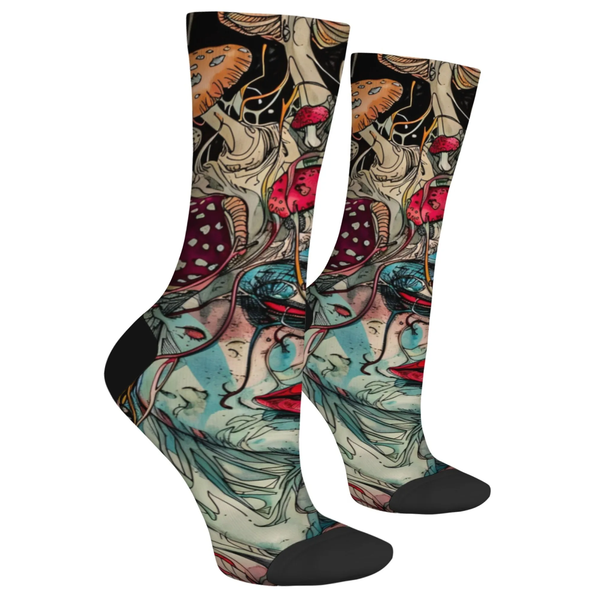 Surreal Artistic Psychedelic Socks，Face with Mushrooms Flowing Shapes Face Colorful Design Crew Socks，Novelty Crazy Street Style