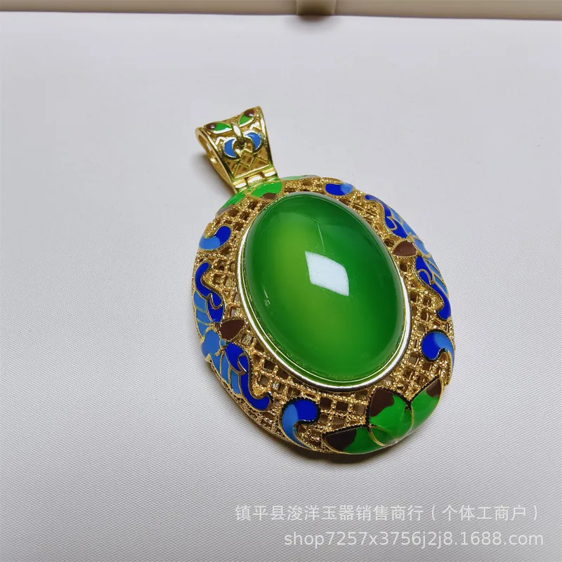 Ice jade silver-plated pendant with jadeite green chalcedony, cloisonné enamel, and green agate gemstone