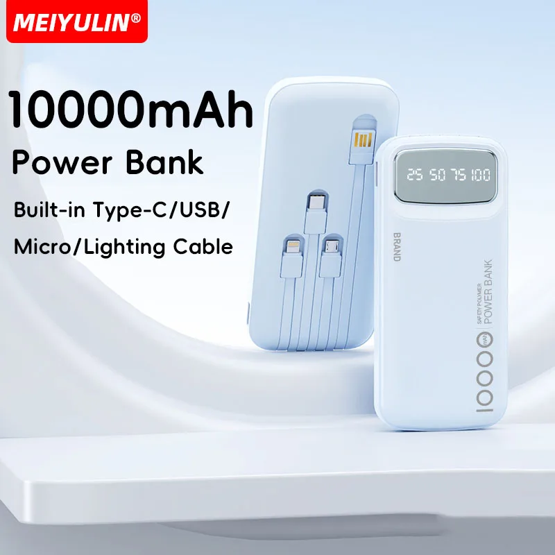 10000mAh Large Capacity Power Bank Portable USB C Fast Charging Mobile External Battery With Cable for iPhone 16 Samsung Xiaomi