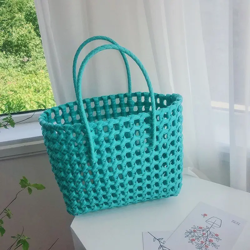 INS Handmade Hollow Woven Bag, Plastic Hand Basket, Small Fresh, Simple Outing, Beach, Picnic, Candy Color Clutch Bag