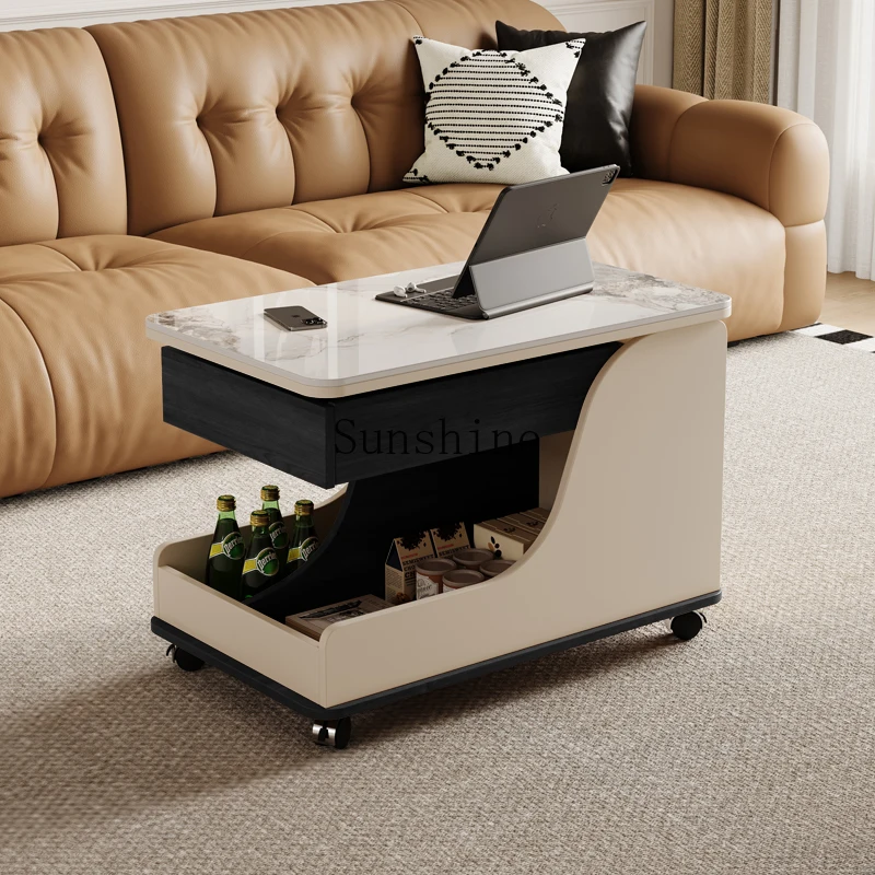 

Movable coffee table living room small apartment sofa side cabinet with wheel cart rock slab multi-functional table