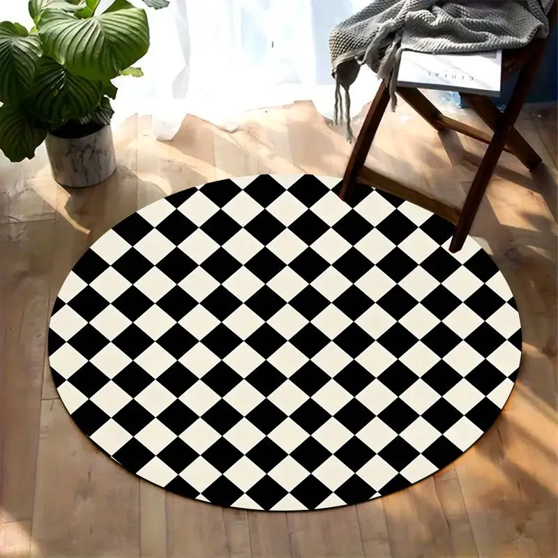 Checkerboard pattern Flannel-printed round floor mats are slip-resistant Suitable for living room bedroom terrace garden carpets