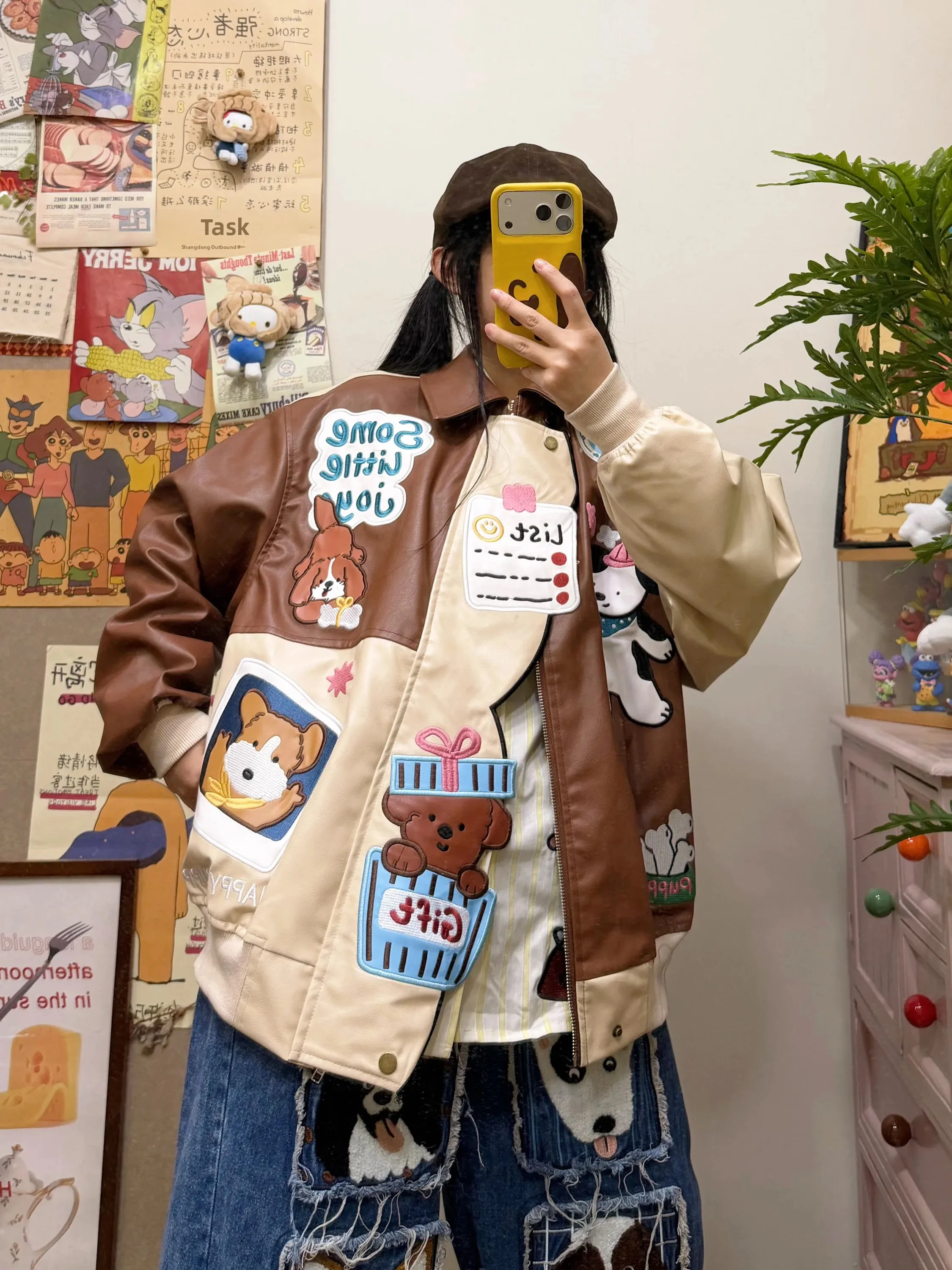 BIBULU Original American Retro Cartoon Dog Embroidery Patchwork Leather Jacket Women Loose Design Sense Jacket Coat Trendy