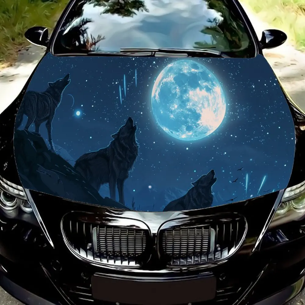 

Eye-catching Wolves and Moon Car Hood Vinyl Wraps Sticker, Unique Animal Car Engine Decal, Waterproof Self-adhesive Car Packagin