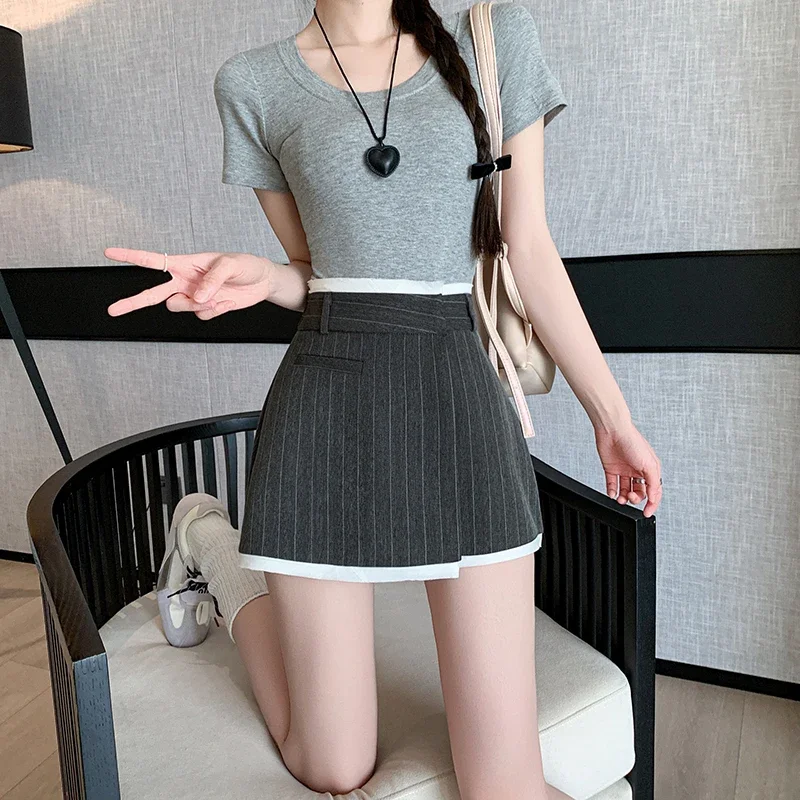 Women's Vintage High Waist Lace Wide Leg Pants A-Line Skirt College Style Casual Korean Sexy Solid Suit Shorts