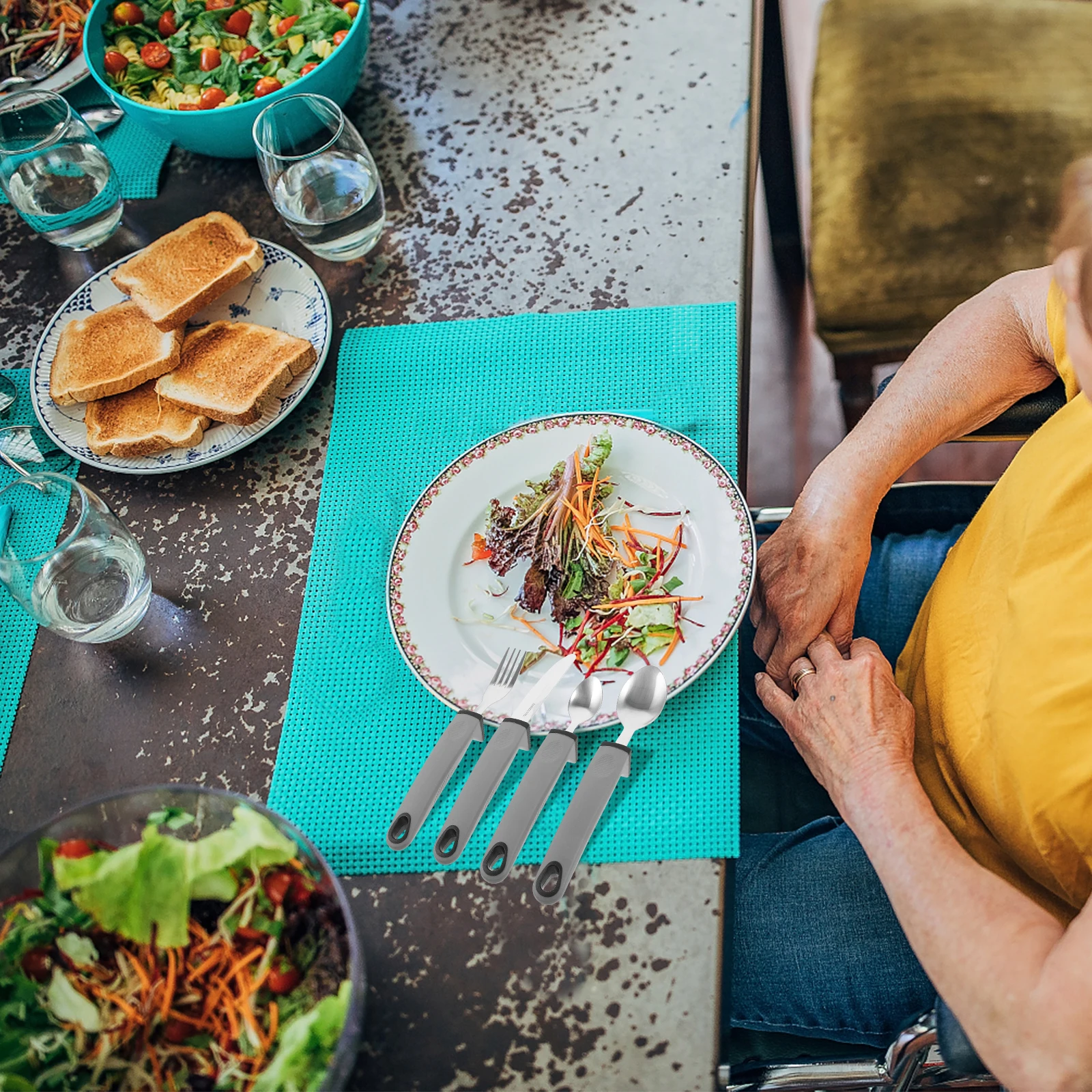 

1Set Adaptive Utensils for Elderly Disabled Tremble Proof Tableware Set with Wide Non-Slip Handle Portable Dining Tools for Hand