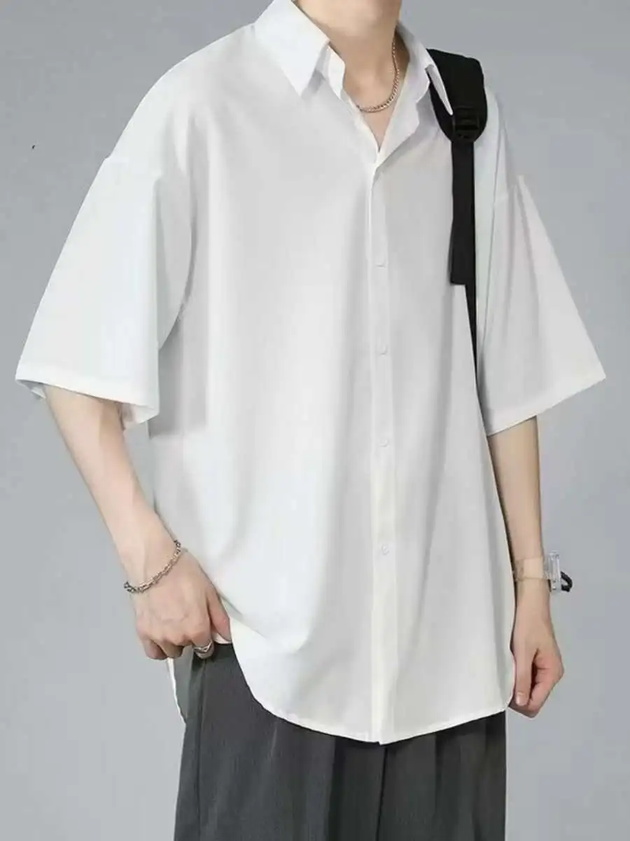 

Ice Silk ort Sve irt Men Summer Thin Bla Casual Loose Faion Five Sve White irt Comfortable Breathable