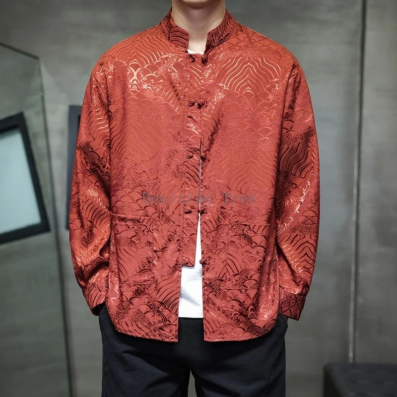 2025 retro high end temperament tang suit shirt leisure comfortable men's wushu top disc buckle long sleeved chinese coat