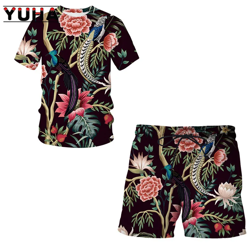 Yuha verão terno 3d flor, pássaro e planta ilustração camiseta shorts hip hop homem/mulher topos roupas crianças manga curta