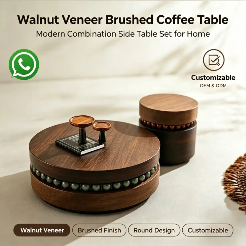 Customizable Luxury Round Nesting Coffee Table, Walnut Veneer Brushed Surface Side Table Set for Home Living Room Decor
