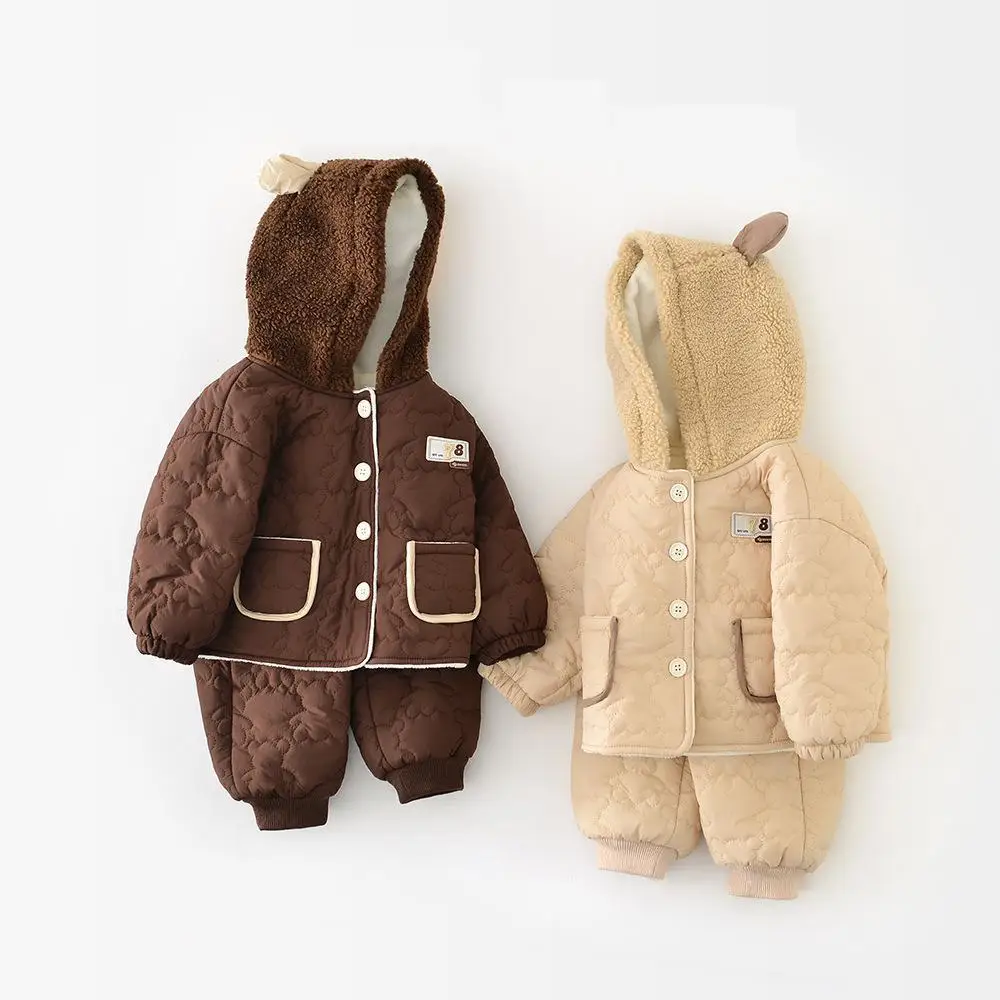 Boys Girls Cute Hooded Coat + Pants 2pcs Suit Plus Velvet Thick Infant Toddler Outfits 2025 Winter New Baby Warm Clothes Set