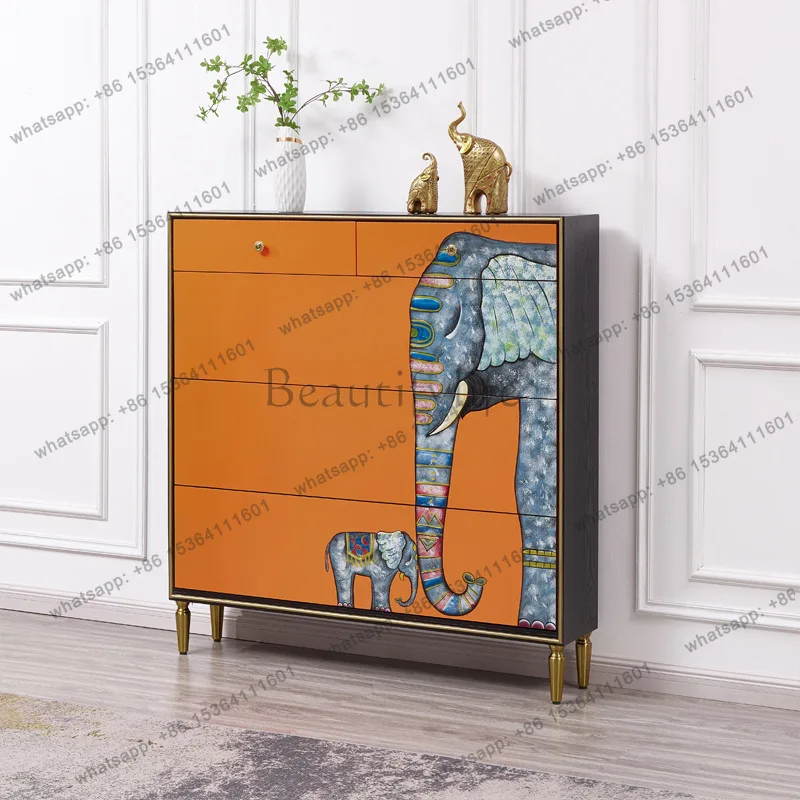 American light luxury solid wood tipping bucket shoe cabinet small apartment hand-painted elephant orange locker