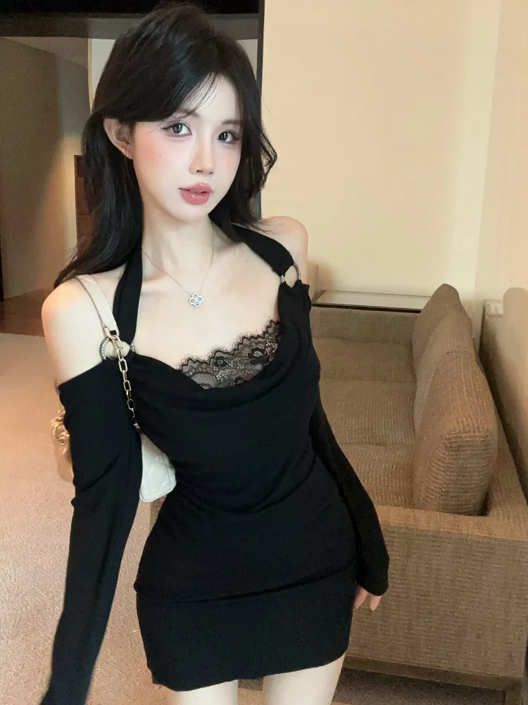 

Women's Lace One-Shoulder Bodycon Dress Autumn Winter Sexy Pure Desire Swing Collar Base Camisole Dress Korean Style Short Skirt