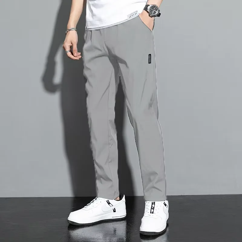 Ultra-thin Elastic Men's Casual Trousers Summer Quick-drying Ice Silk Slim Straight Business Solid Color Trousers Black Gray