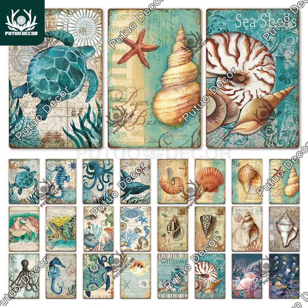 Putuo Decor Marine Animals Tin Sign Vintage Plaque Metal Wall Retro Posters for Beach Bar House Decorative Art Iron Painting