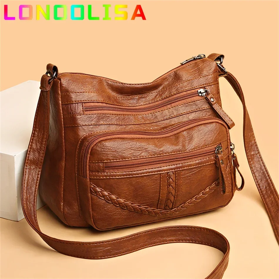 Bolsas vintage de couro macio multi bolso para mulheres, senhoras bolsas de ombro crossbody, bolsas de luxo, alta qualidade, 2024