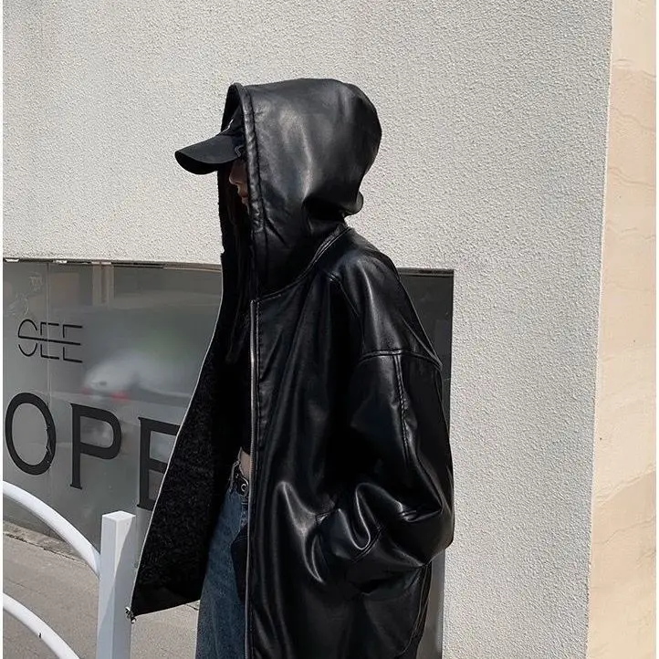 Women's Two Sided Leather Jacket Hooded Winter Coat Soft Plush Lining Reversible Lambswool PU Biker Jacket Streetwear Tops