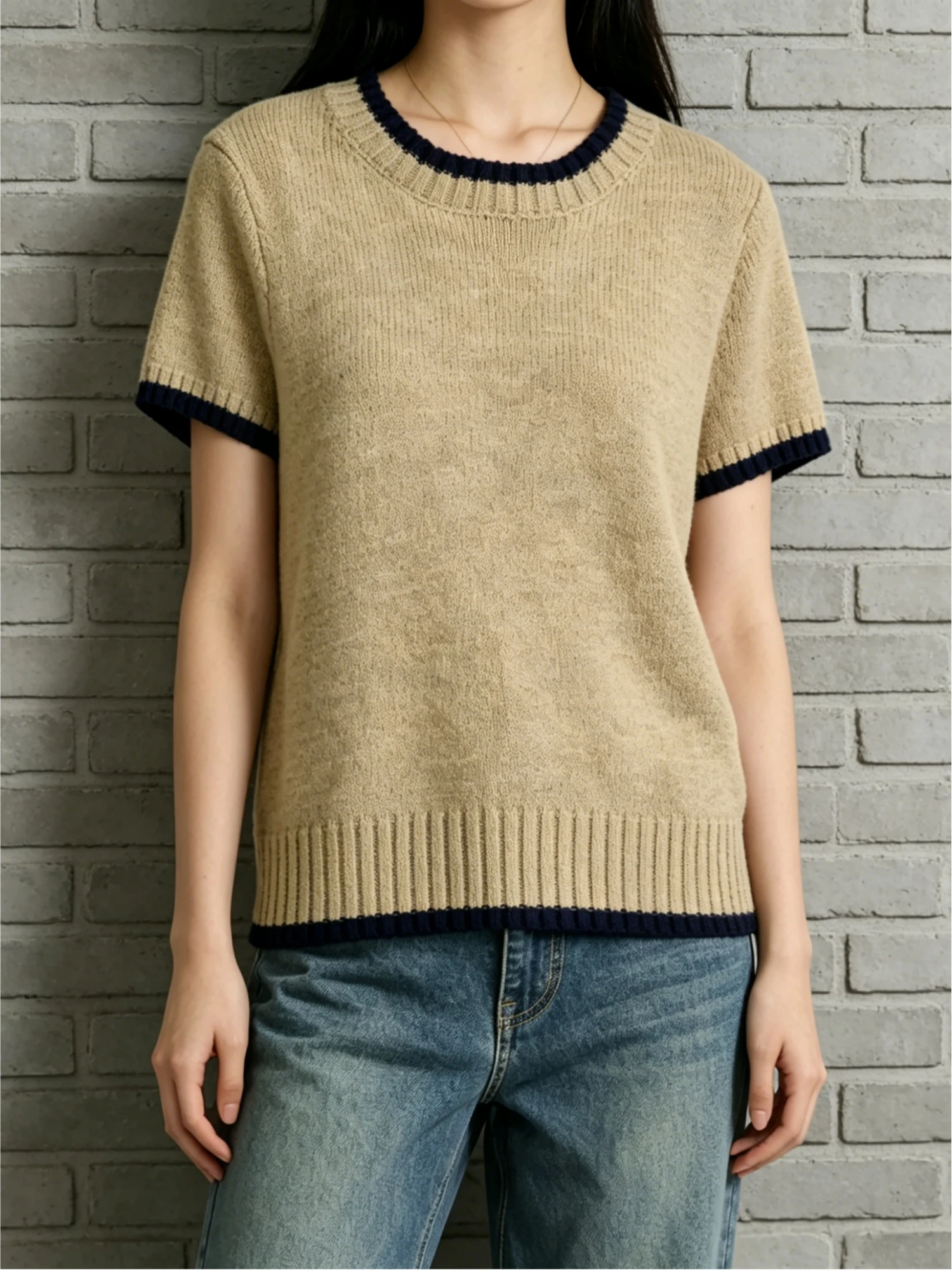 

Women's plus size color blocked simple casual round neck knitted short sleeved T-shirt, spring and summer styles