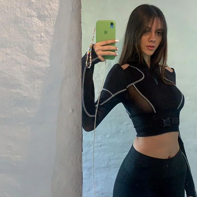 أسود داكن دراجة نارية كول حقيبة مدرسية للبنات زر لصق يتعرض السري قصيرة قطع الكتف طويلة Seve تي شيرت